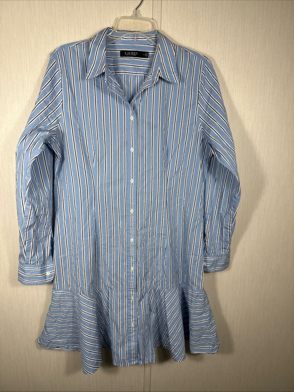 Lauren Ralph Lauren Black Label 14 Blue Stripe Button Down Shirtdress Ruffle Hem